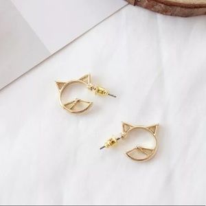 Gold Plated Cat Round Stud Earrings